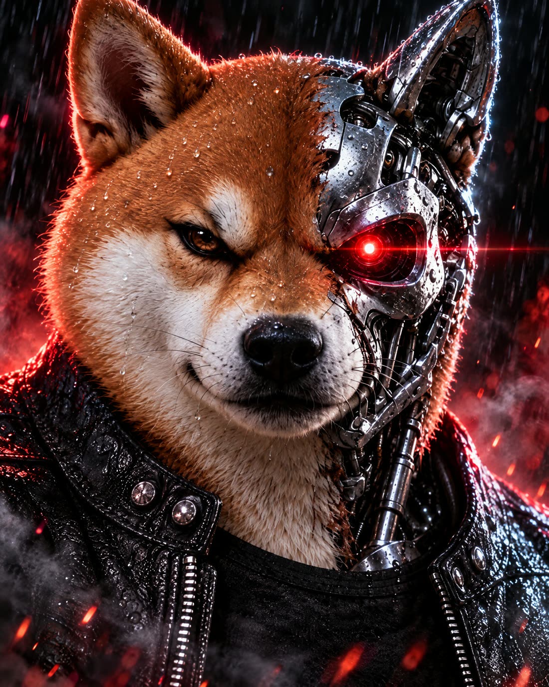 Rogue Super Inu: half Shiba Inu, half chrome endoskeleton, one red eye