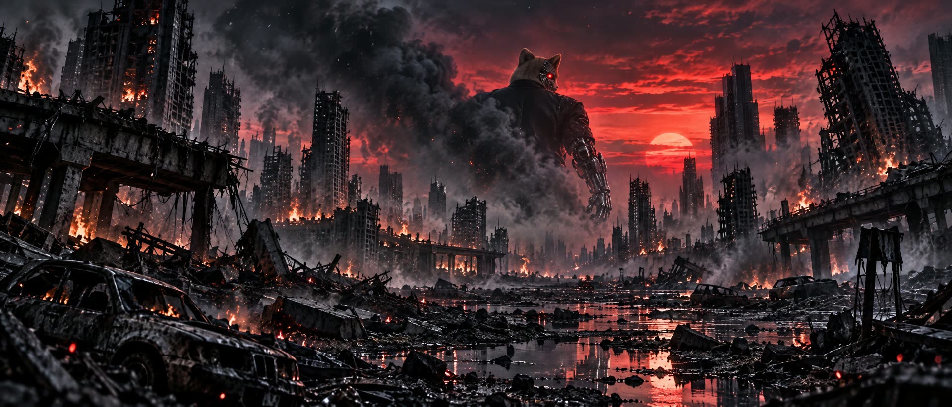 A destroyed city at red dawn, RSI walking away into the smoke